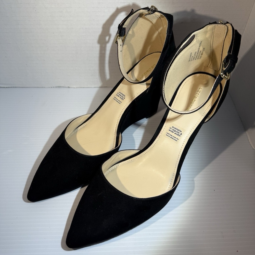 Liz Claiborne Hawkin Pointed Toe Ankle Strap Faux Suede Black Wedge Heels 12 M - Picture 4 of 15